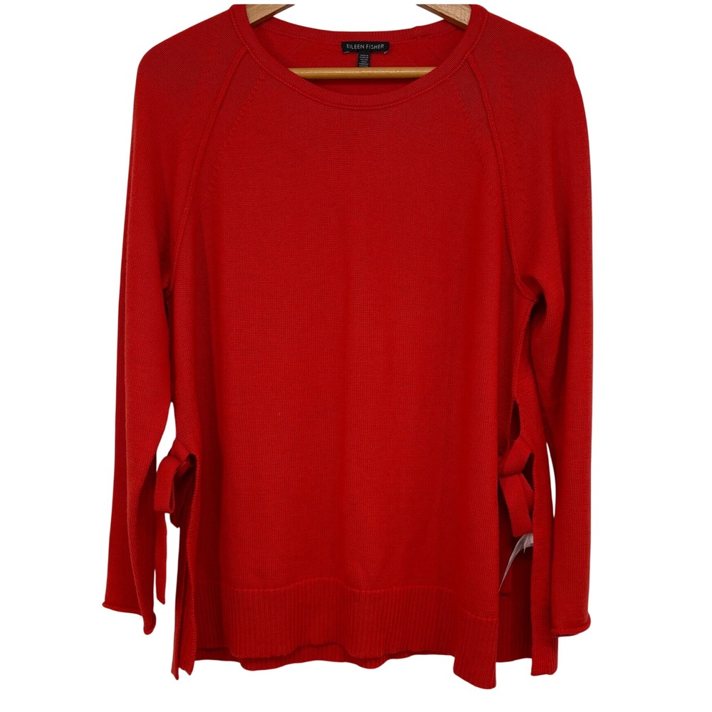 Eileen Fisher Red 100% Merino Wool Side Tie Crew Neck Sweater S Quiet Luxury